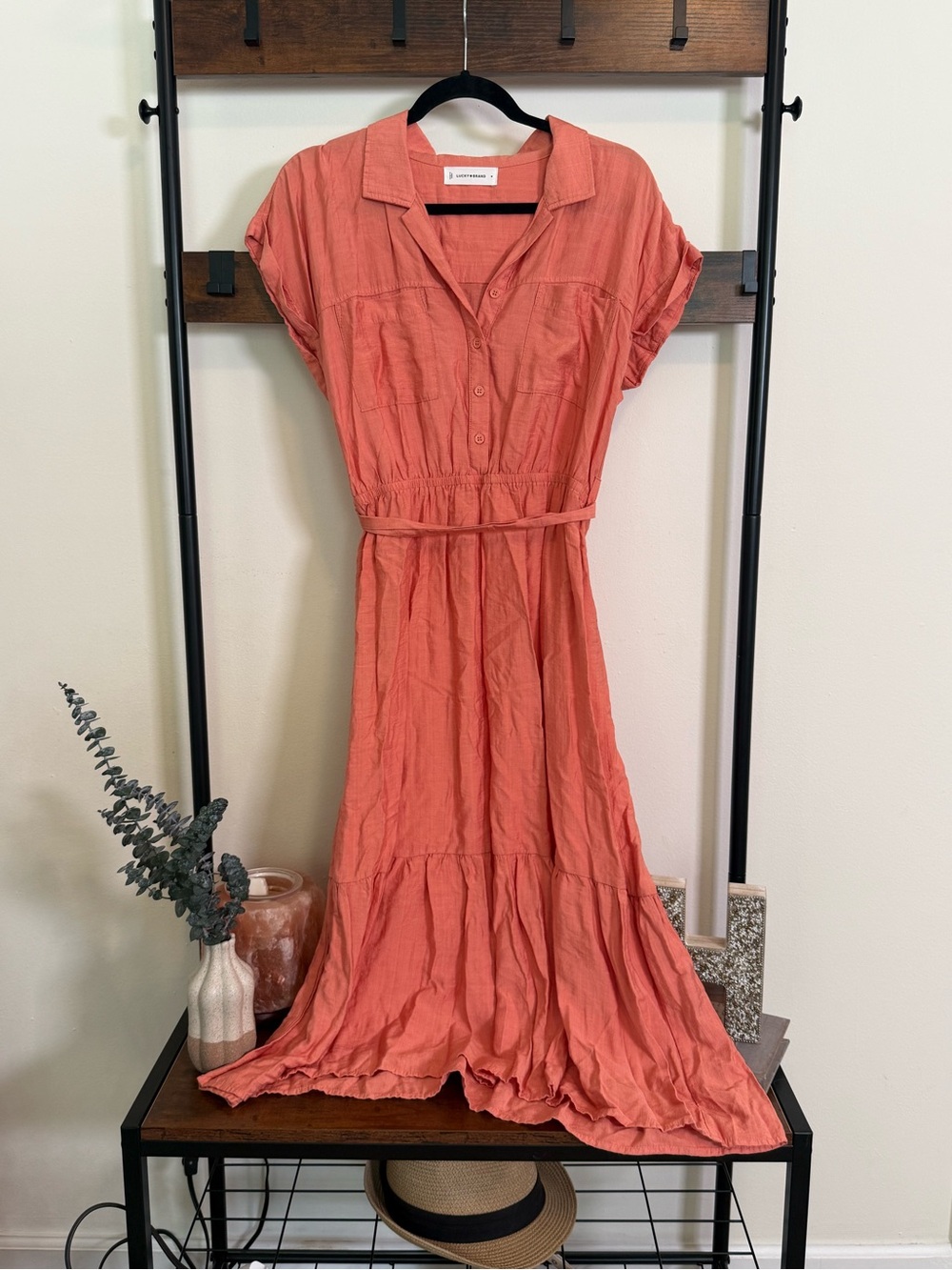 Lucky Brand Coral Button Front Tie Waist Midi Dress Size Medium